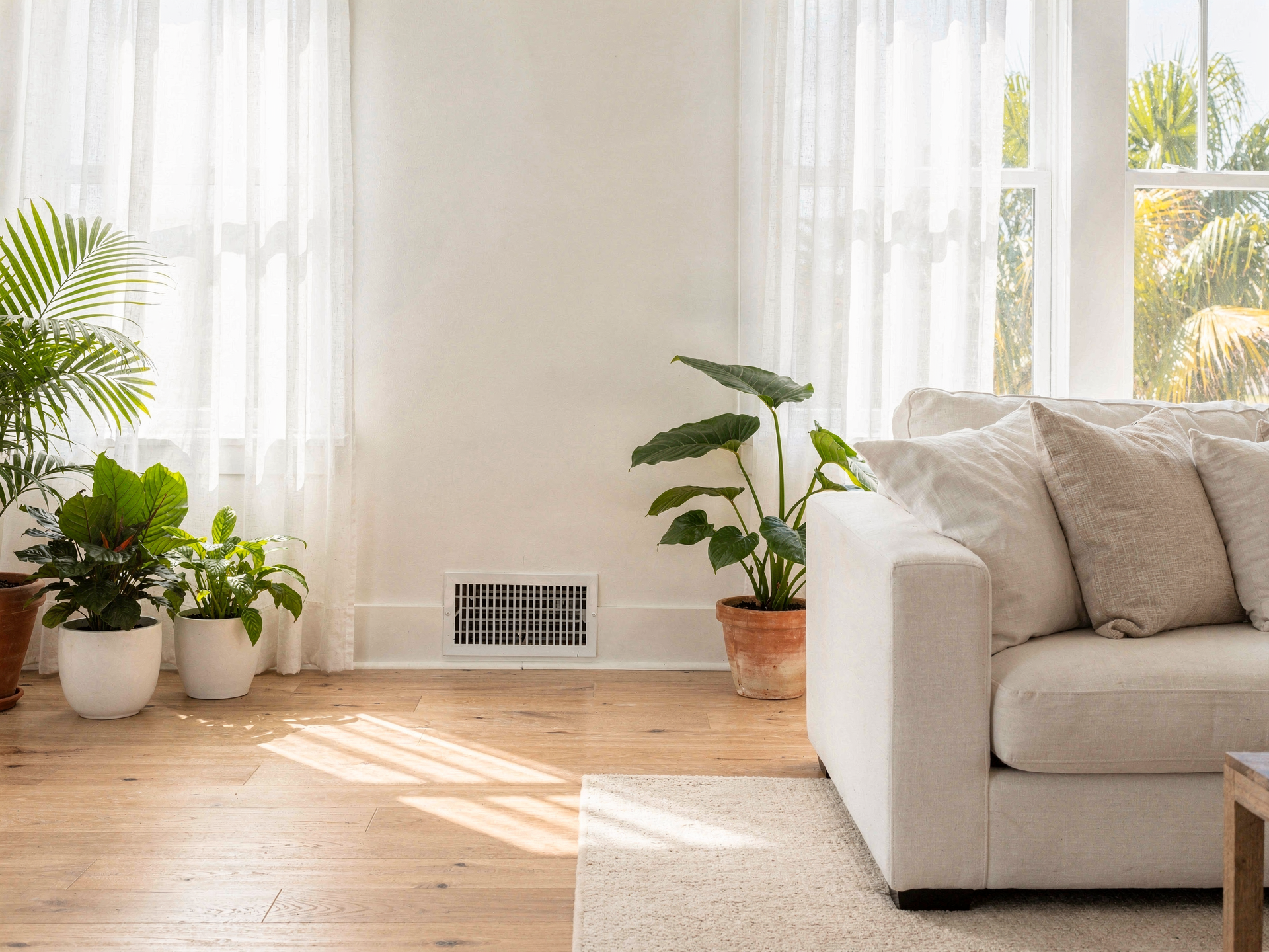 A bright airy sunlit Florida living room with a clean white return-air vent, plants and daylight