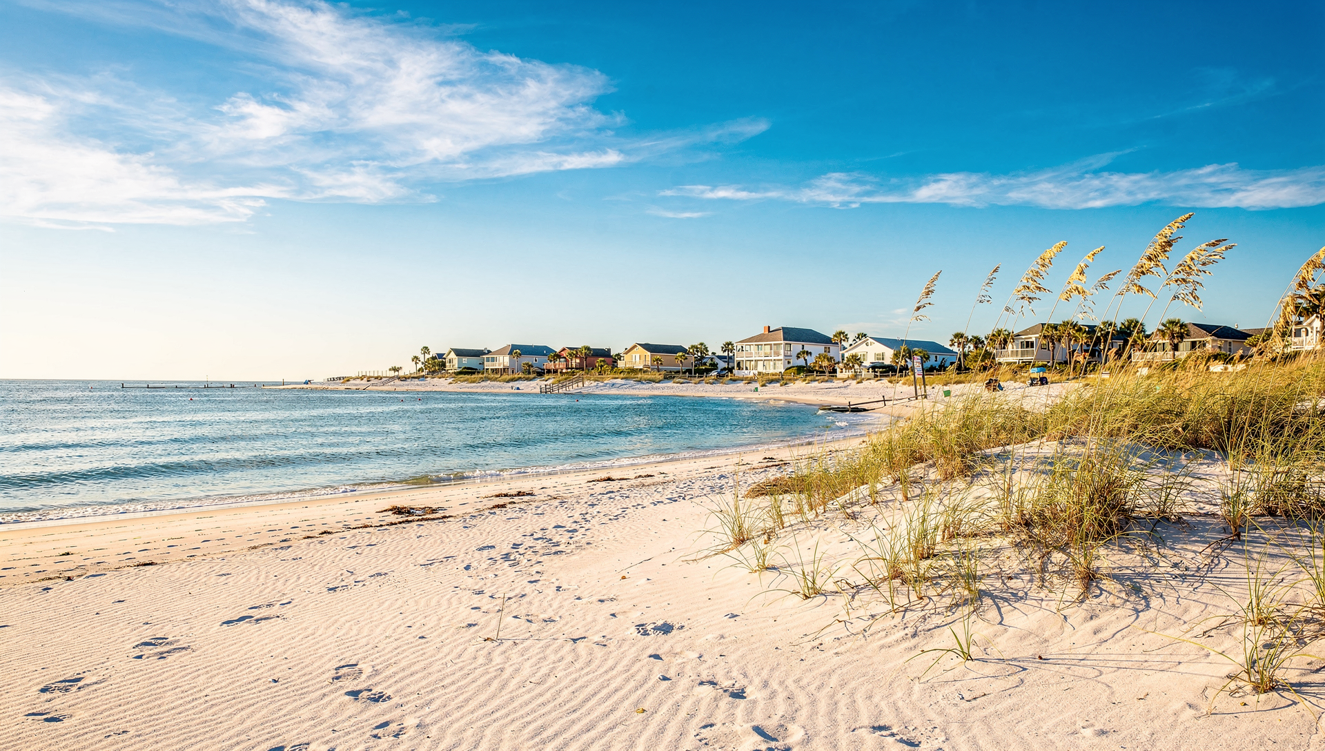 A bright Jacksonville Beach coastal scene at midday with calm Atlantic water, beach homes and sea oats
