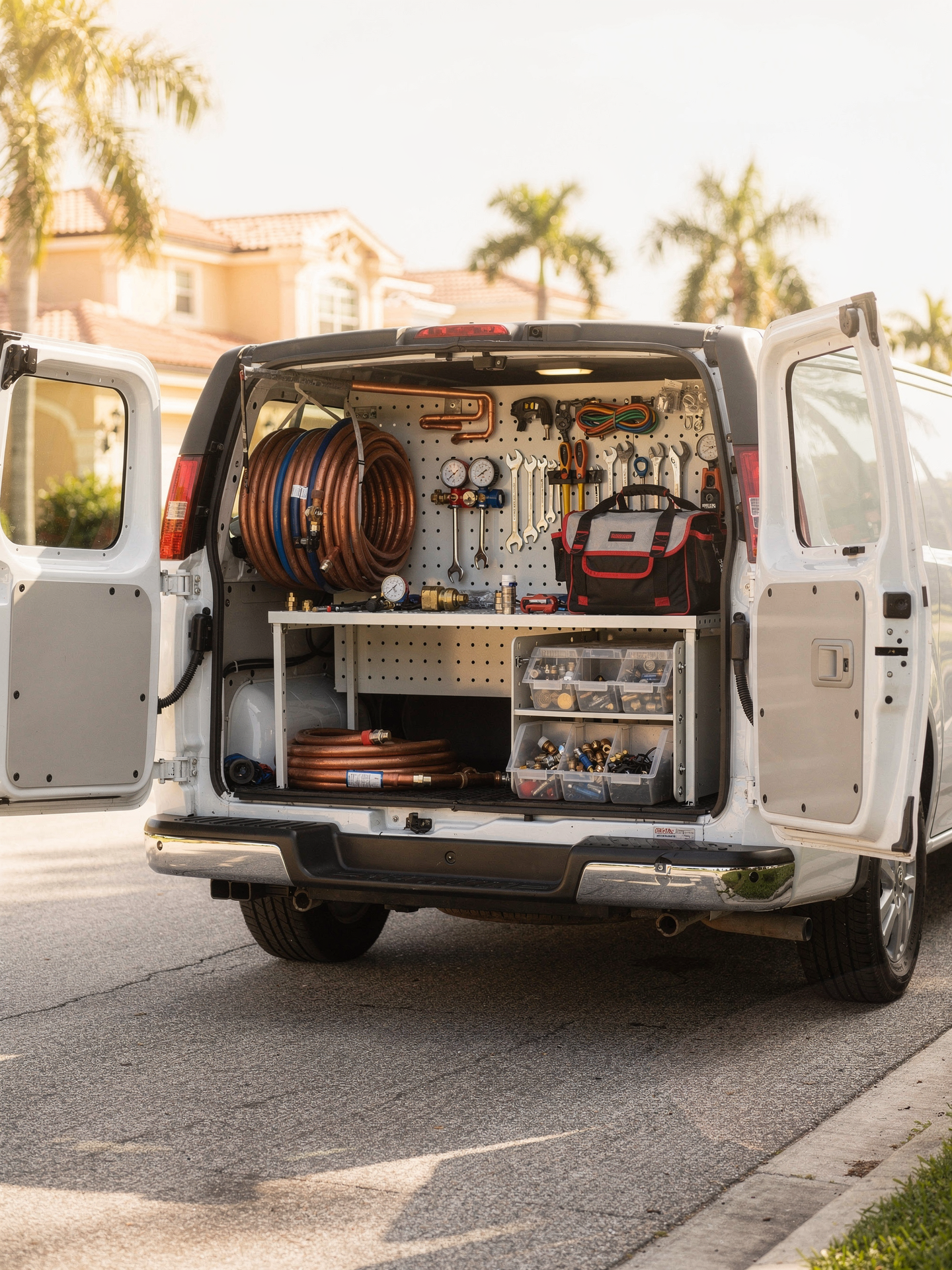 A clean white service van with neatly organized HVAC tools and parts in bright daylight
