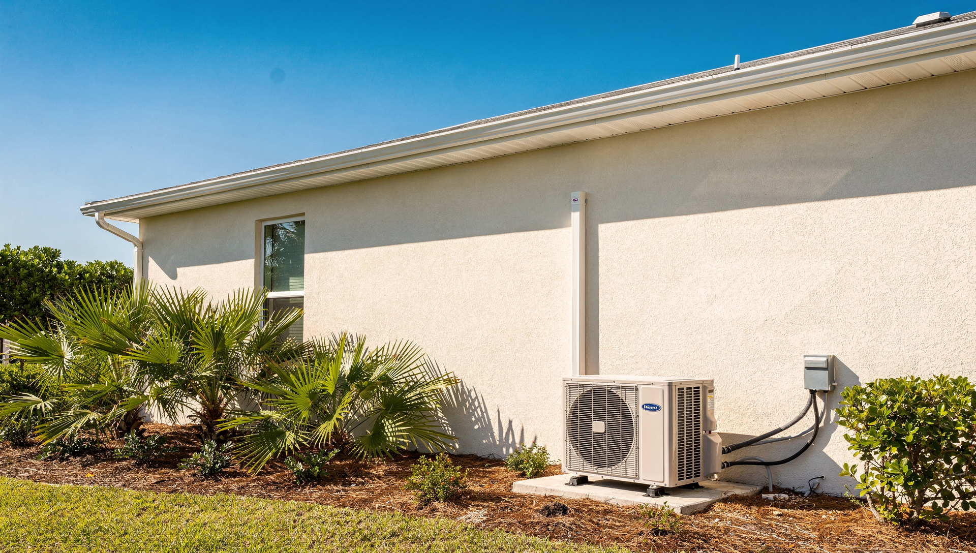 A clean Florida coastal home in bright midday sun with a tidy outdoor air-conditioning unit beside it