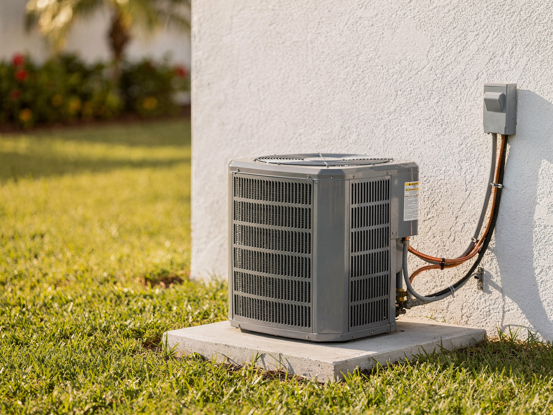 A brand-new clean outdoor AC condenser unit freshly installed on a level pad beside a bright Florida home wall