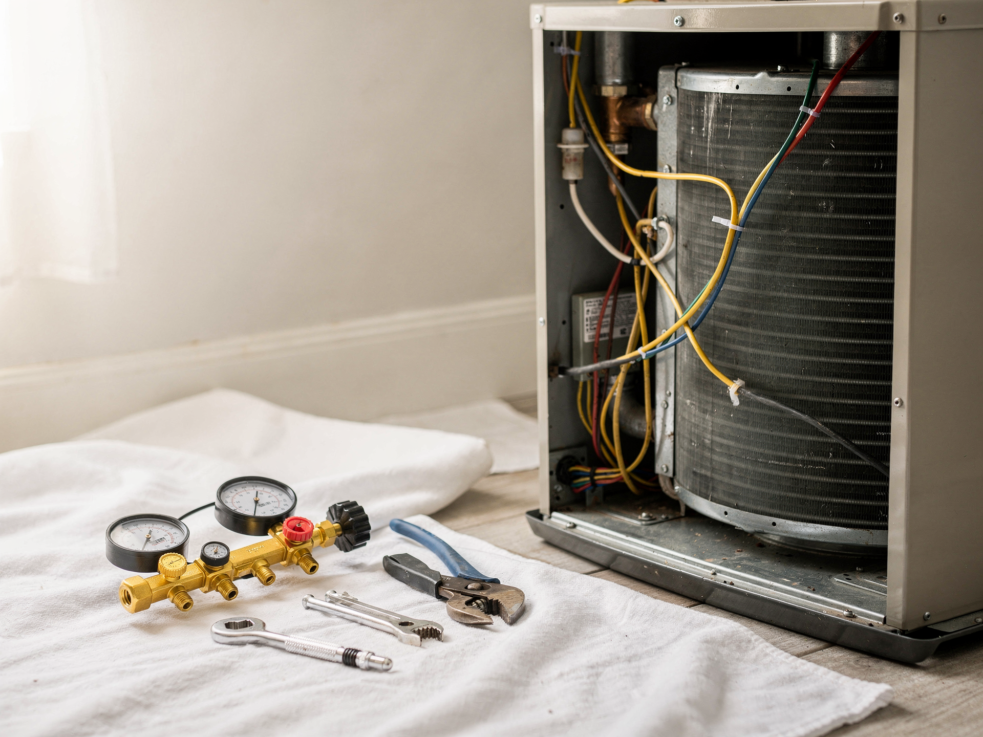 Clean HVAC service tools and a refrigerant gauge manifold on a white drop cloth beside an open air handler in bright daylight